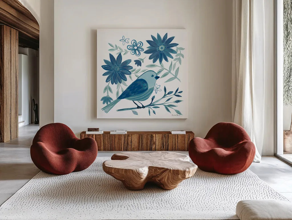 Blue Bird I by Farida Zaman. Shown as extra-large giant wall art in a modern living room. Available as an archival giclee rolled canvas, fine art paper, or poster print. SKU 79039a.