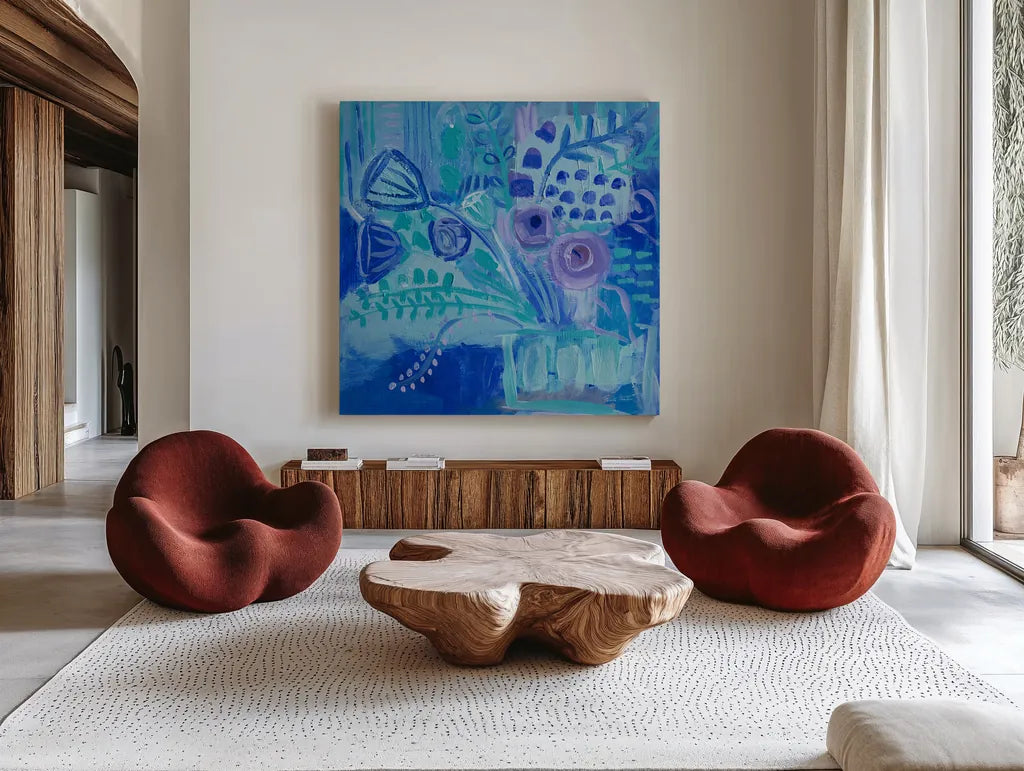 Blue Flora Abstract by Farida Zaman. Shown as extra-large giant wall art in a modern living room. Available as an archival giclee rolled canvas, fine art paper, or poster print. SKU 60944a.