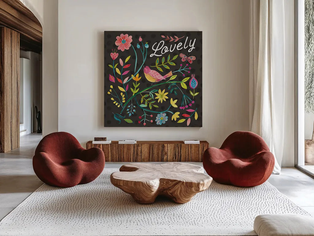 Budding Beauty II Dark by Farida Zaman. Shown as extra-large giant wall art in a modern living room. Available as an archival giclee rolled canvas, fine art paper, or poster print. SKU 53814a.
