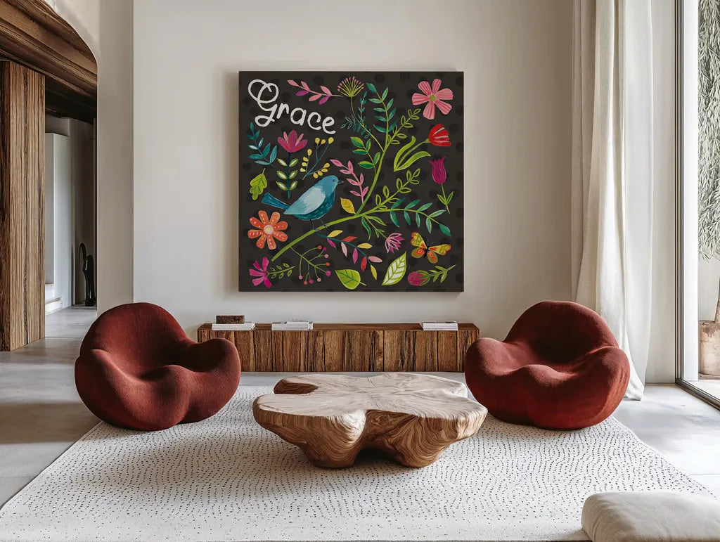 Budding Beauty IV Dark by Farida Zaman. Shown as extra-large giant wall art in a modern living room. Available as an archival giclee rolled canvas, fine art paper, or poster print. SKU 53816a.