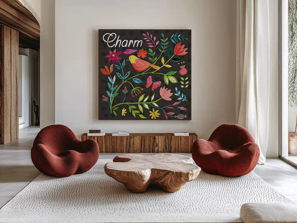 Budding Beauty V Dark by Farida Zaman. Shown as extra-large giant wall art in a modern living room. Available as an archival giclee rolled canvas, fine art paper, or poster print. SKU 53817a.
