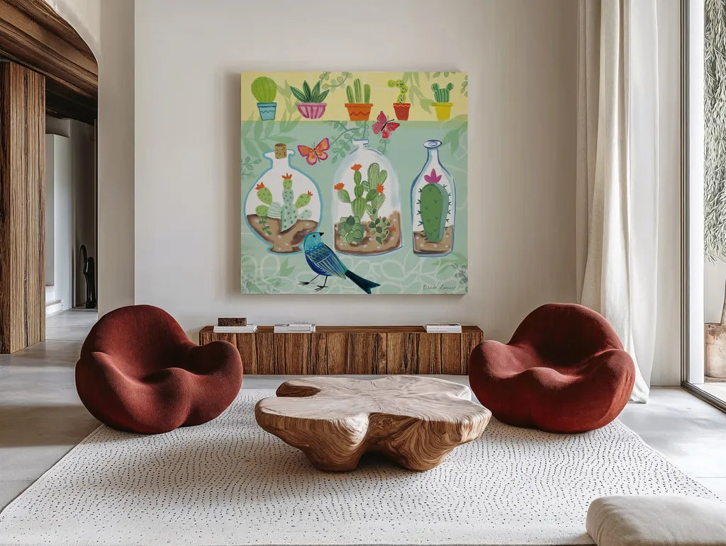 Cacti Garden I by Farida Zaman. Shown as extra-large giant wall art in a modern living room. Available as an archival giclee rolled canvas, fine art paper, or poster print. SKU 33100a.