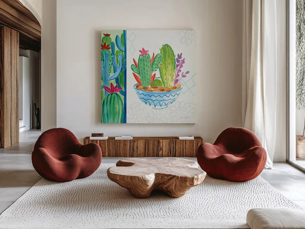 Cacti Garden II no Birds and Butterflies by Farida Zaman. Shown as extra-large giant wall art in a modern living room. Available as an archival giclee rolled canvas, fine art paper, or poster print. SKU 34183a.