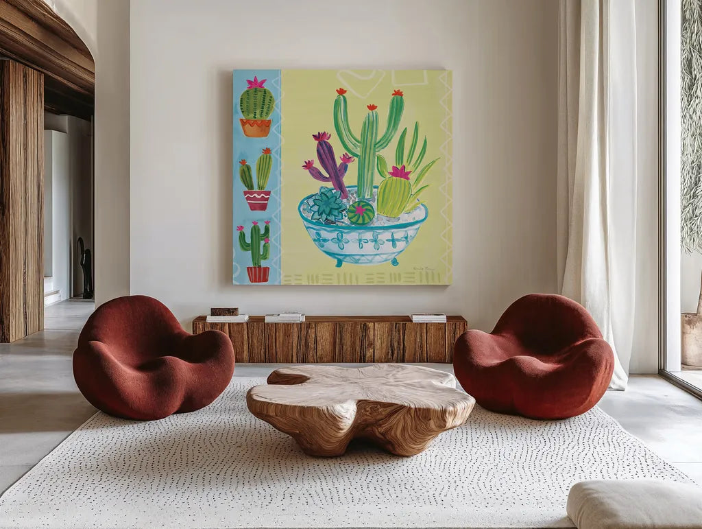 Cacti Garden III no Birds and Butterflies by Farida Zaman. Shown as extra-large giant wall art in a modern living room. Available as an archival giclee rolled canvas, fine art paper, or poster print. SKU 34184a.