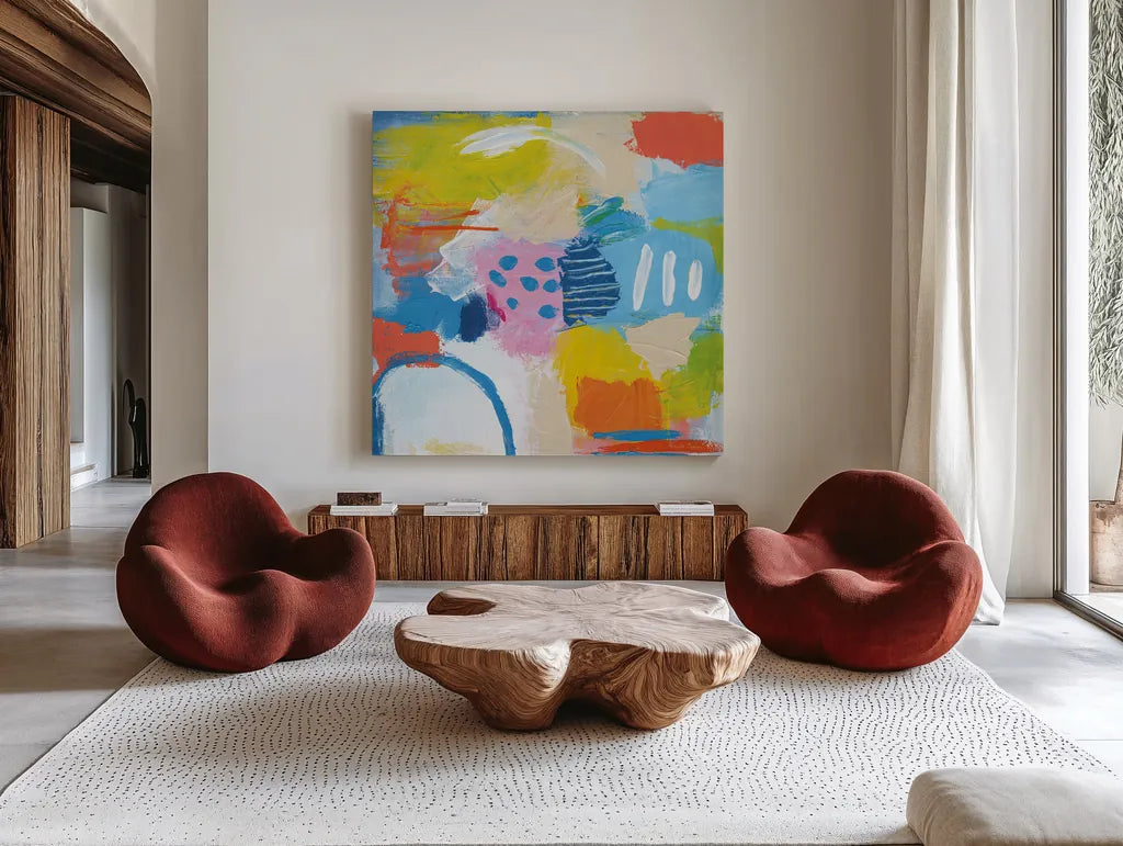 Cheerful II by Farida Zaman. Shown as extra-large giant wall art in a modern living room. Available as an archival giclee rolled canvas, fine art paper, or poster print. SKU 35415a.