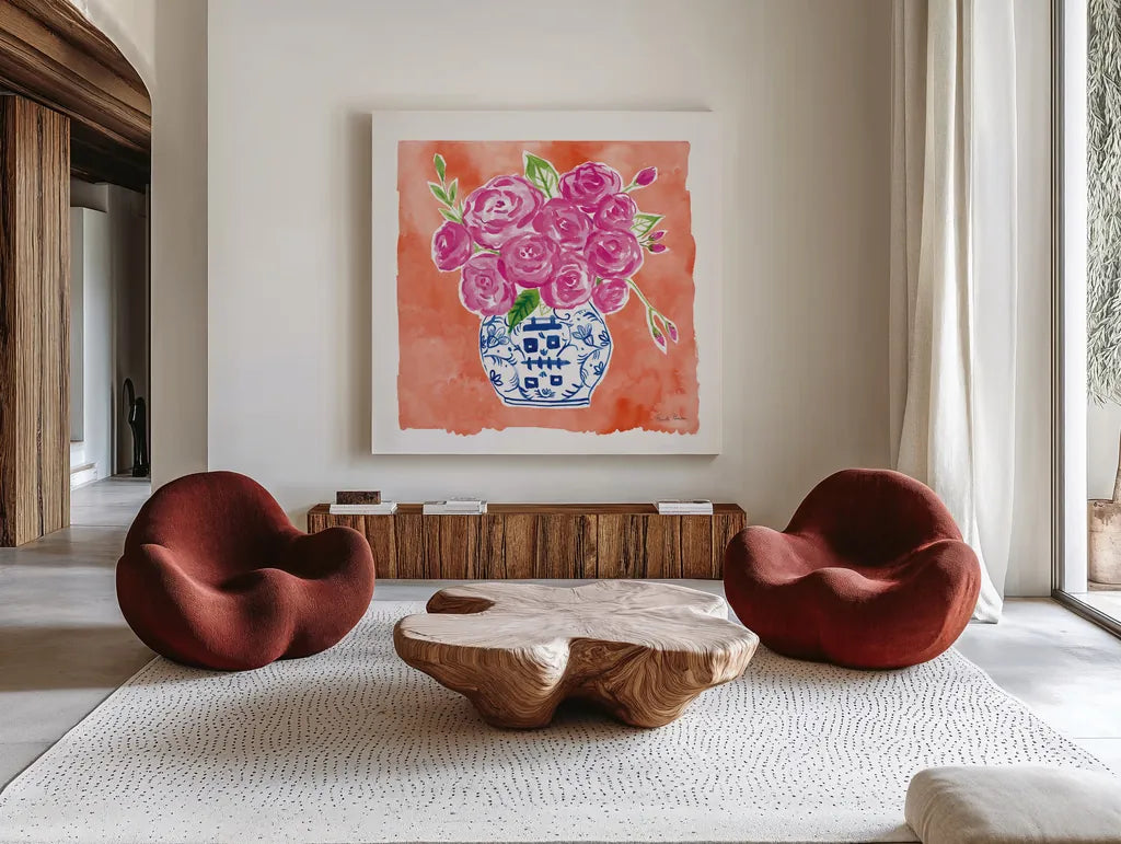 Chinoiserie Roses II by Farida Zaman. Shown as extra-large giant wall art in a modern living room. Available as an archival giclee rolled canvas, fine art paper, or poster print. SKU 55701a.