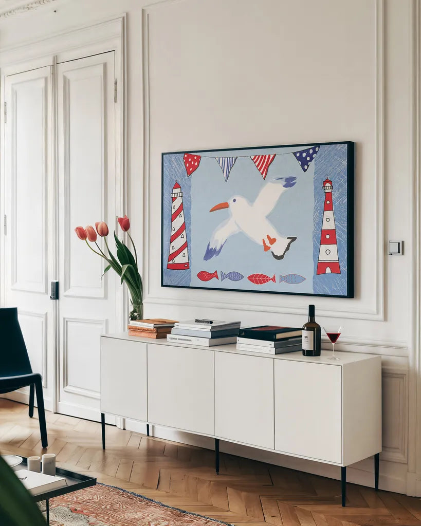 Coastal Bird III Blue by Farida Zaman. shown as a framed stretched canvas in a living room above a console. Available as a archival giclee rolled canvas, fine art paper, or poster print. SKU 34516i.