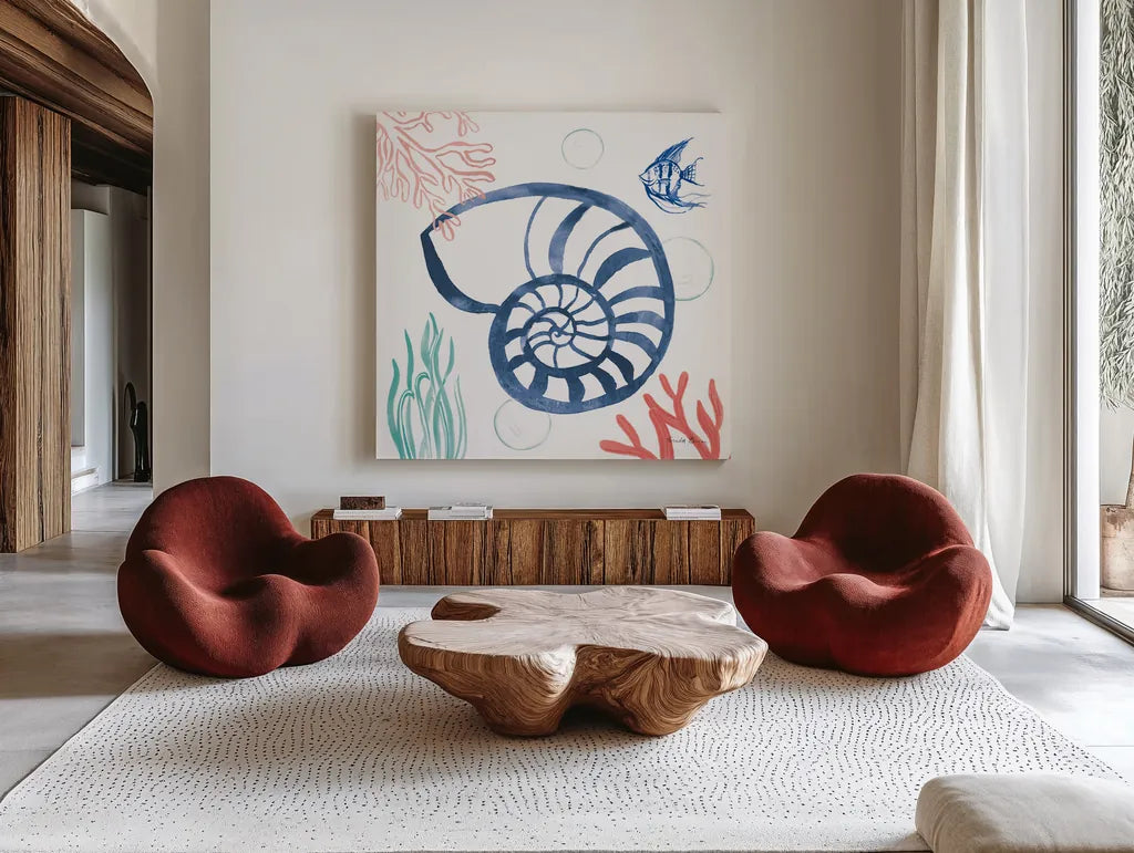 Coastal Jewels I Coral Cove by Farida Zaman. Shown as extra-large giant wall art in a modern living room. Available as an archival giclee rolled canvas, fine art paper, or poster print. SKU 55923a.