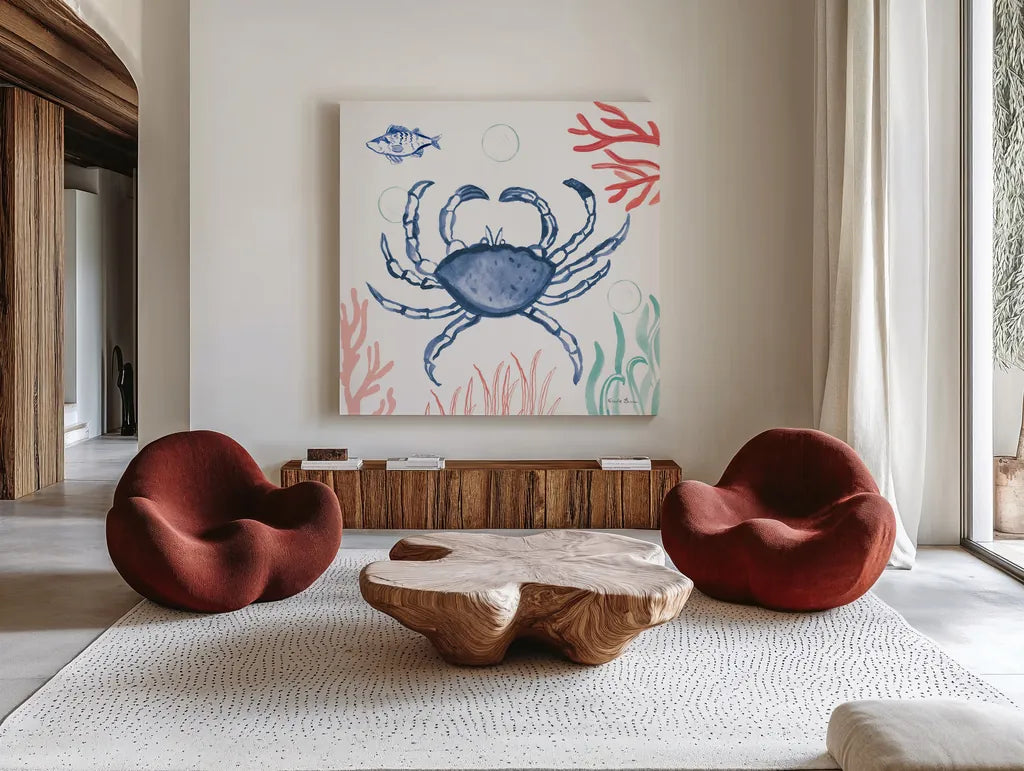 Coastal Jewels V Coral Cove by Farida Zaman. Shown as extra-large giant wall art in a modern living room. Available as an archival giclee rolled canvas, fine art paper, or poster print. SKU 55927a.