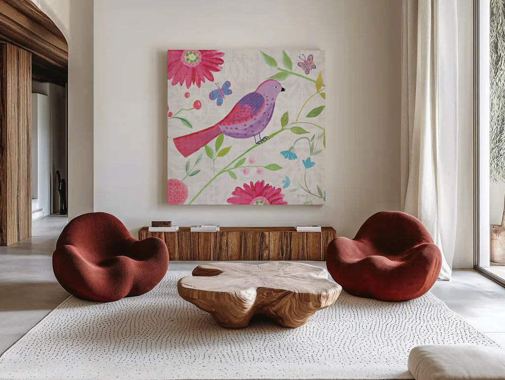 Damask Floral and Bird I Sq by Farida Zaman. Shown as extra-large giant wall art in a modern living room. Available as an archival giclee rolled canvas, fine art paper, or poster print. SKU 33656a.