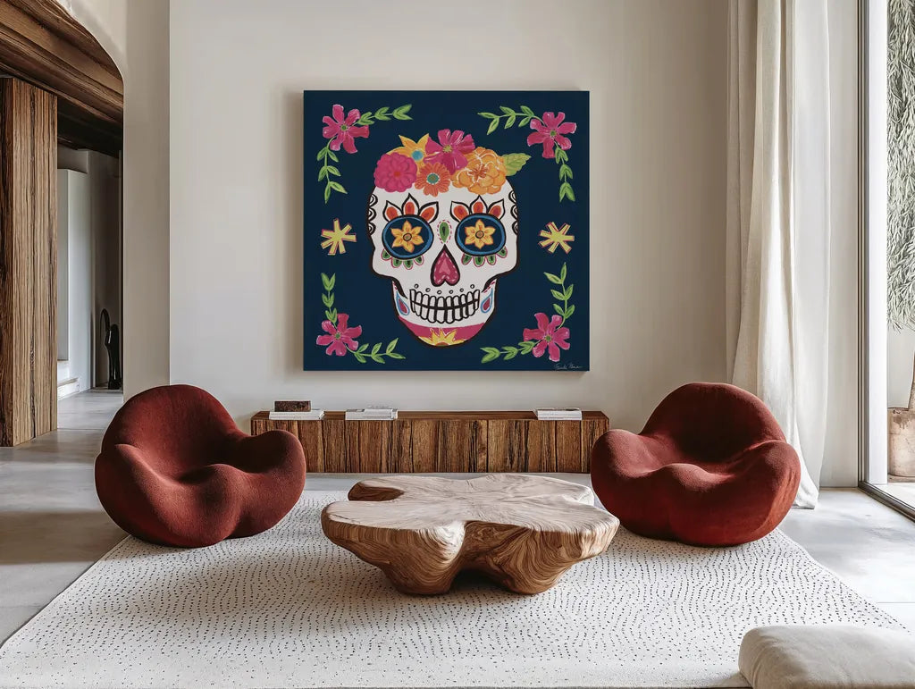 Day of the Dead II by Farida Zaman. Shown as extra-large giant wall art in a modern living room. Available as an archival giclee rolled canvas, fine art paper, or poster print. SKU 37969a.