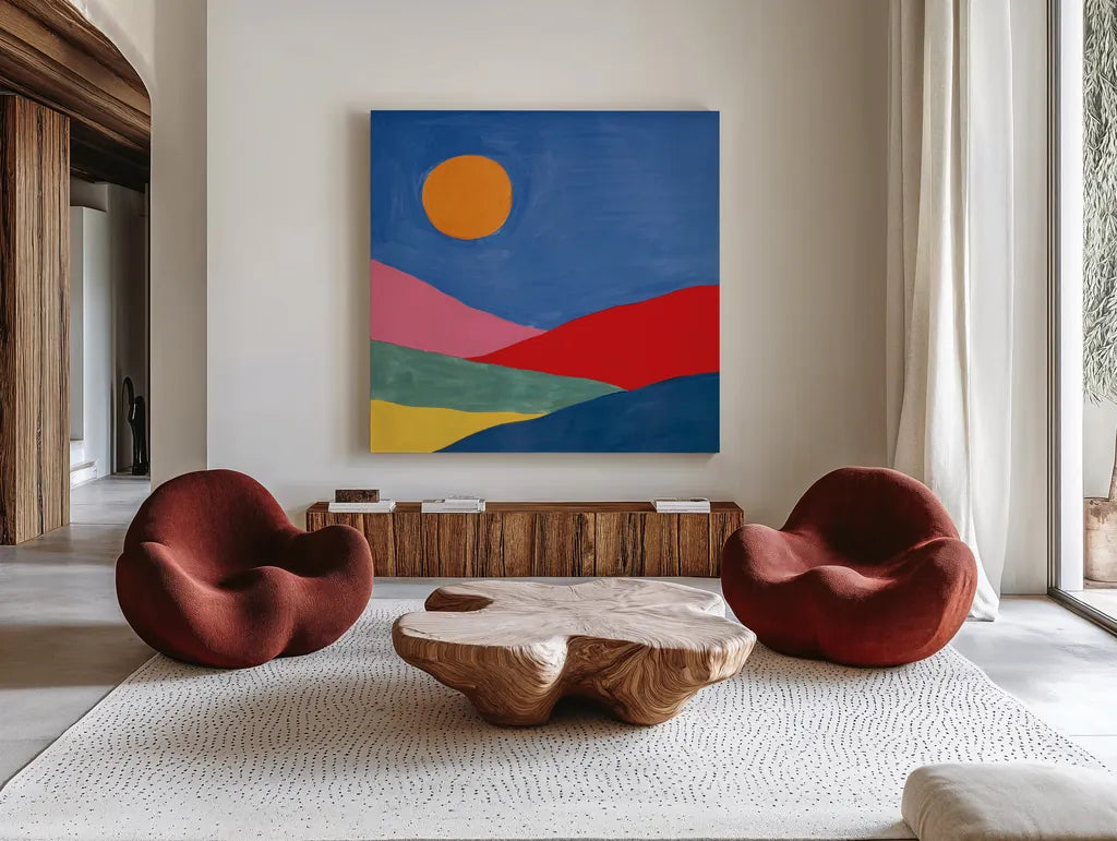 Desert Landscape I by Farida Zaman. Shown as extra-large giant wall art in a modern living room. Available as an archival giclee rolled canvas, fine art paper, or poster print. SKU 65333a.