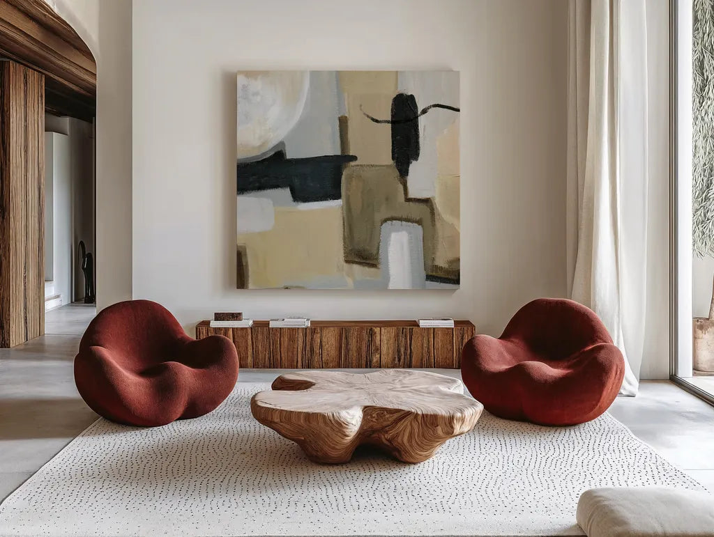 Earthy Abstract I Flipped by Farida Zaman. Shown as extra-large giant wall art in a modern living room. Available as an archival giclee rolled canvas, fine art paper, or poster print. SKU 67341a.