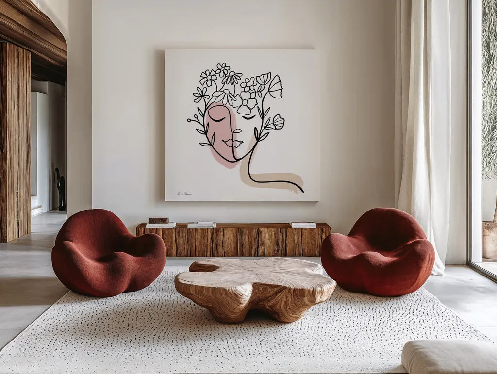 Face of Spring II by Farida Zaman. Shown as extra-large giant wall art in a modern living room. Available as an archival giclee rolled canvas, fine art paper, or poster print. SKU 64607a.