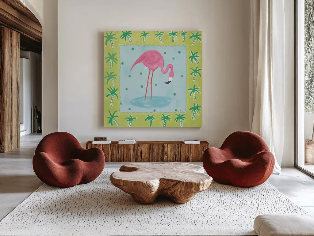 Flamingo Dance III v2 by Farida Zaman. Shown as extra-large giant wall art in a modern living room. Available as an archival giclee rolled canvas, fine art paper, or poster print. SKU 34041a.