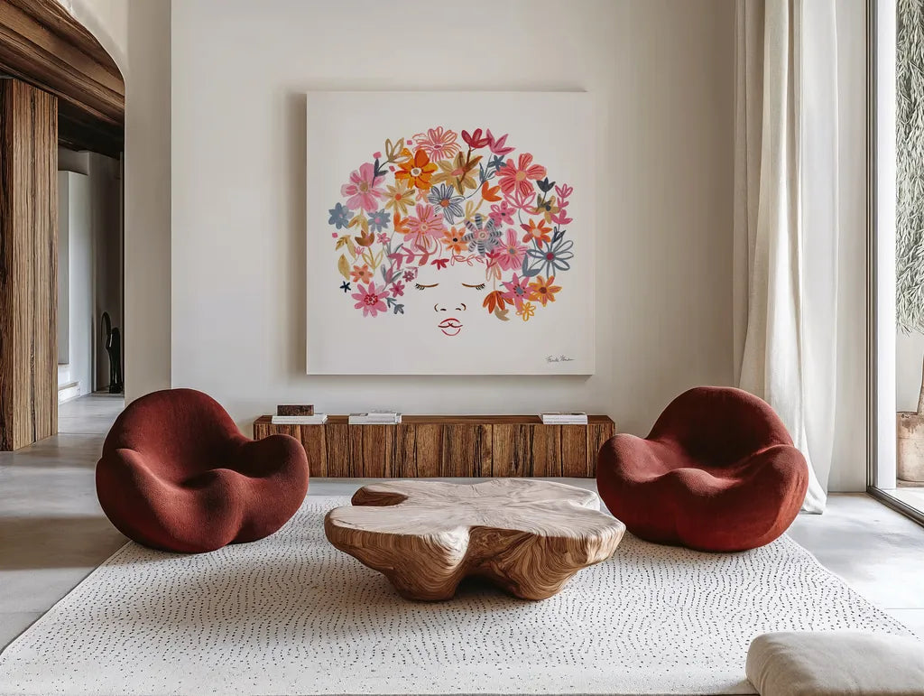 Floral Beauties II by Farida Zaman. Shown as extra-large giant wall art in a modern living room. Available as an archival giclee rolled canvas, fine art paper, or poster print. SKU 64805a.