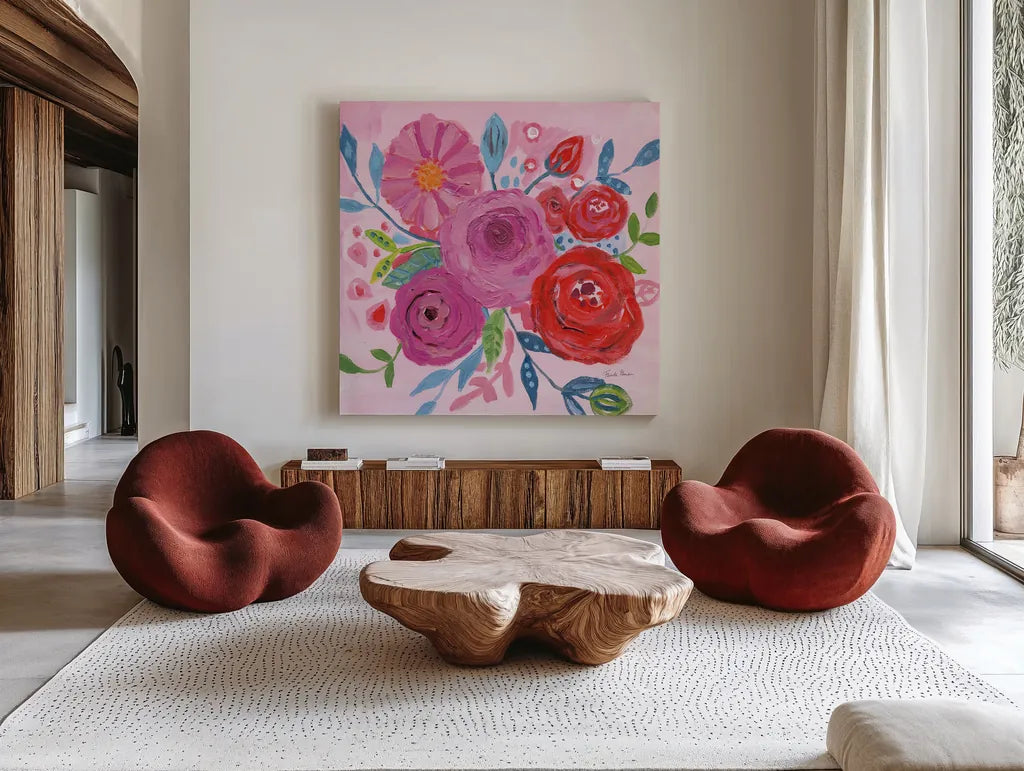 Floral Burst I by Farida Zaman. Shown as extra-large giant wall art in a modern living room. Available as an archival giclee rolled canvas, fine art paper, or poster print. SKU 56936a.