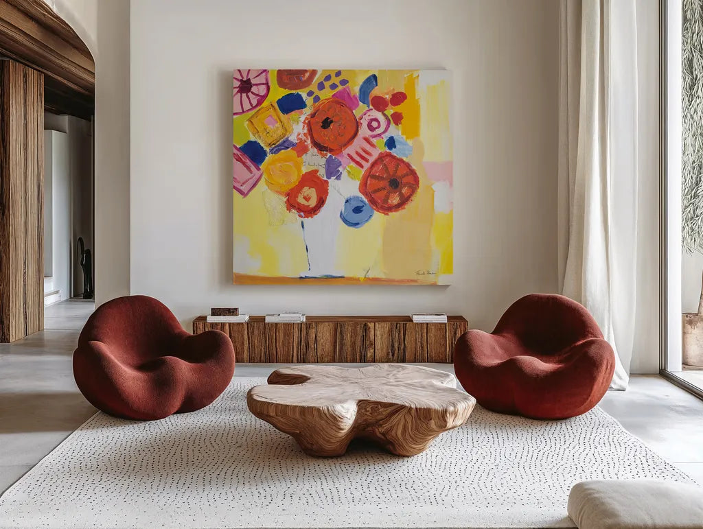 Floral Collage by Farida Zaman. Shown as extra-large giant wall art in a modern living room. Available as an archival giclee rolled canvas, fine art paper, or poster print. SKU 60946a.