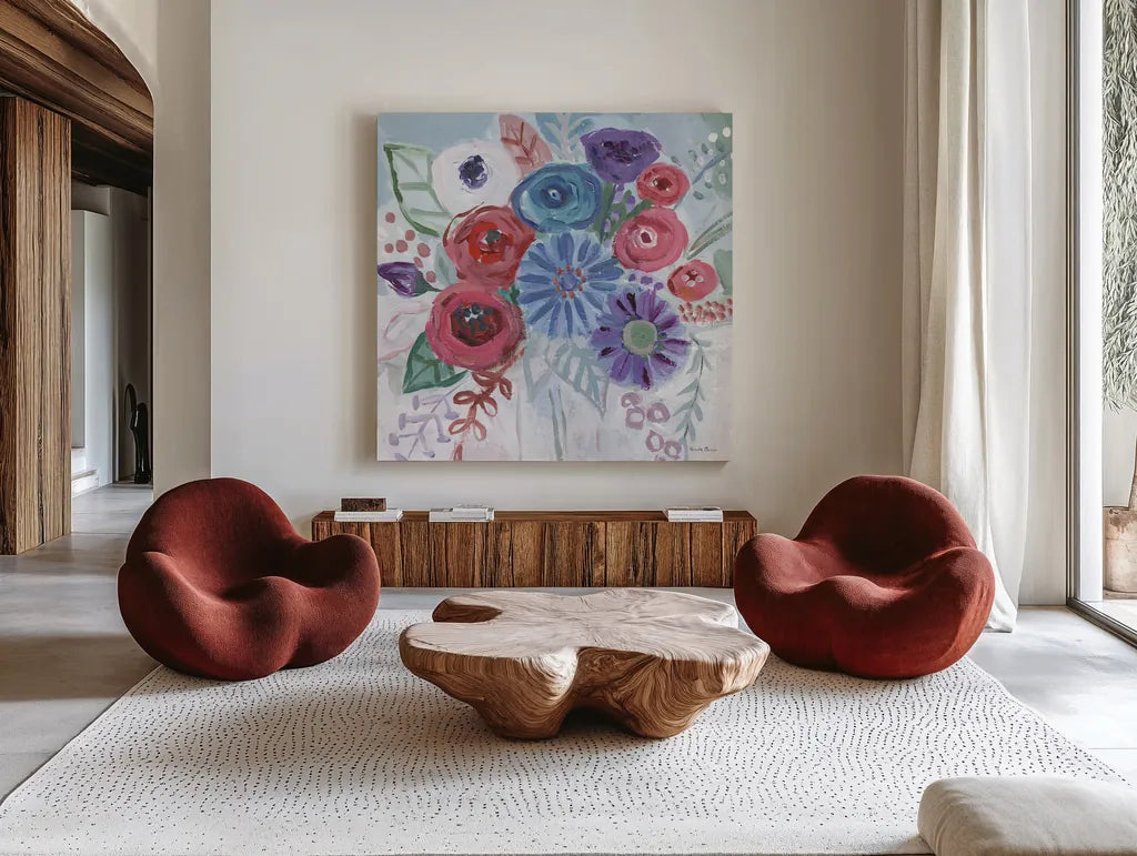 Floral Jewels II by Farida Zaman. Shown as extra-large giant wall art in a modern living room. Available as an archival giclee rolled canvas, fine art paper, or poster print. SKU 37183a.