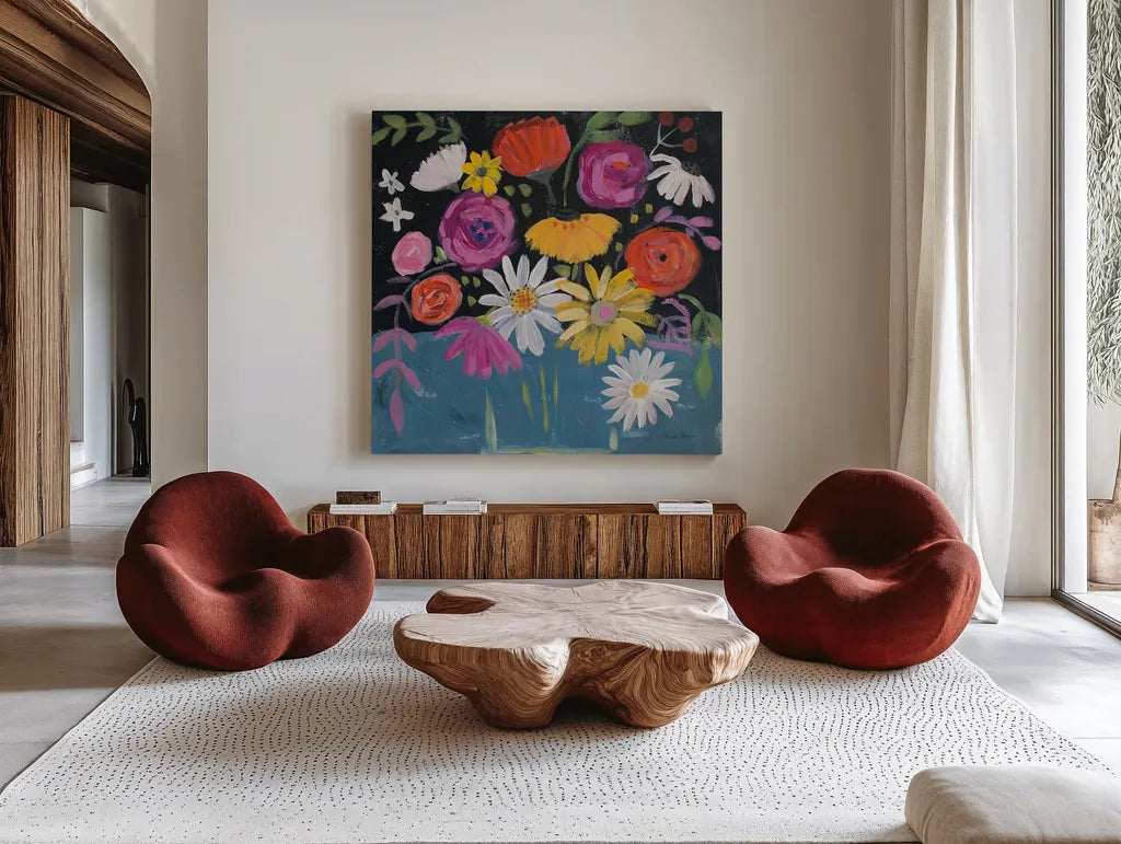 Folk Floral II by Farida Zaman. Shown as extra-large giant wall art in a modern living room. Available as an archival giclee rolled canvas, fine art paper, or poster print. SKU 38697a.