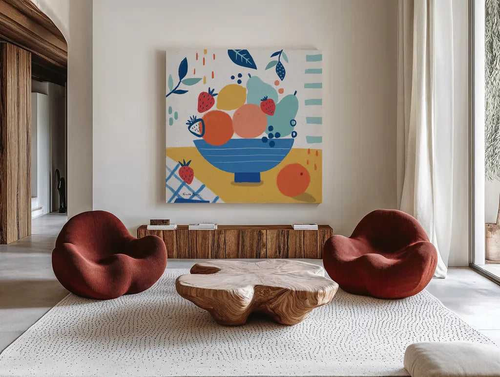 Fruit Still Life I by Farida Zaman. Shown as extra-large giant wall art in a modern living room. Available as an archival giclee rolled canvas, fine art paper, or poster print. SKU 77488a.