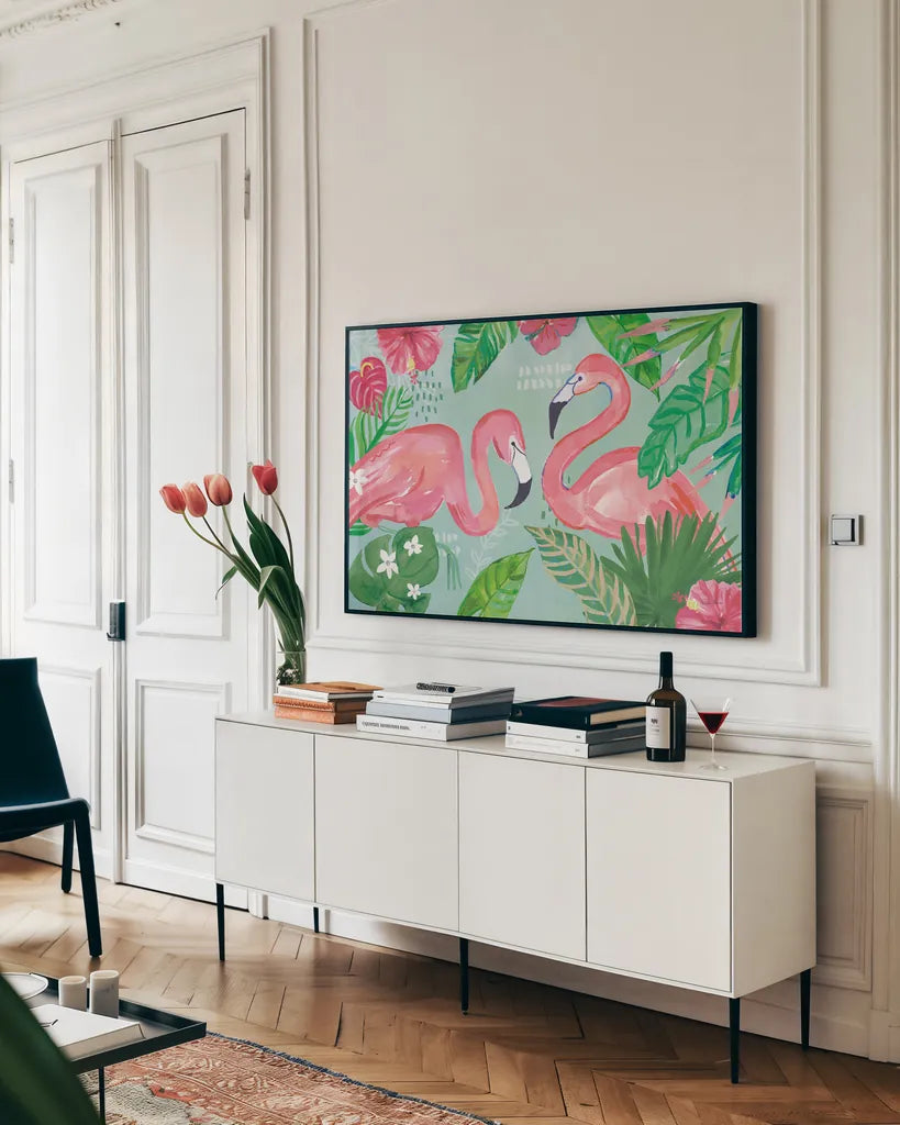 Fruity Flamingos I v2 by Farida Zaman. shown as a framed stretched canvas in a living room above a console. Available as a archival giclee rolled canvas, fine art paper, or poster print. SKU 94216i.