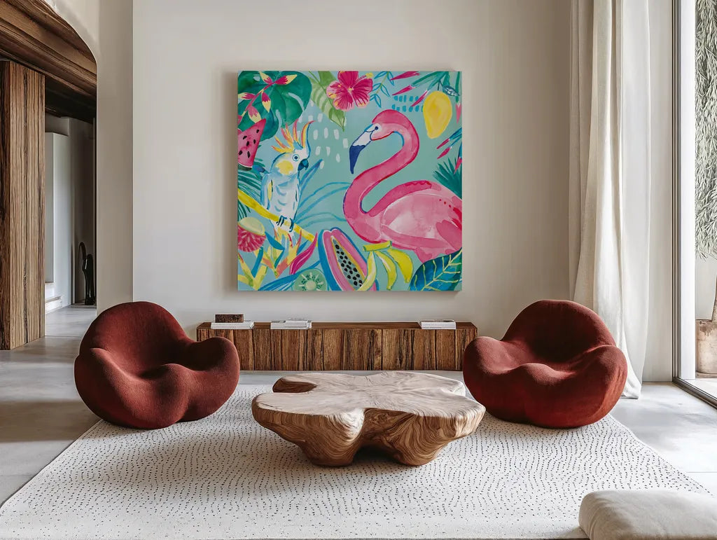 Fruity Flamingos III by Farida Zaman. Shown as extra-large giant wall art in a modern living room. Available as an archival giclee rolled canvas, fine art paper, or poster print. SKU 74748a.