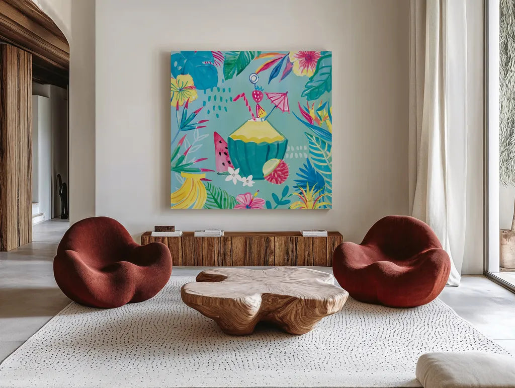 Fruity Flamingos VI by Farida Zaman. Shown as extra-large giant wall art in a modern living room. Available as an archival giclee rolled canvas, fine art paper, or poster print. SKU 74751a.