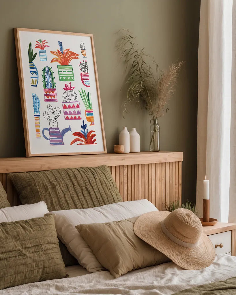 Funky Cacti II by Farida Zaman. shown as a paper print in a natural frame. Available as a archival giclee rolled canvas, fine art paper, or poster print. SKU 37124h.