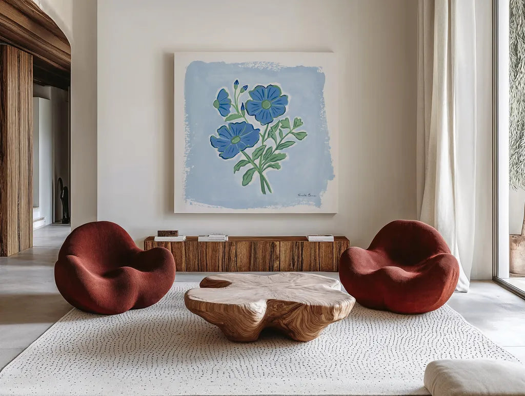 Garden Blues II by Farida Zaman. Shown as extra-large giant wall art in a modern living room. Available as an archival giclee rolled canvas, fine art paper, or poster print. SKU 98060a.