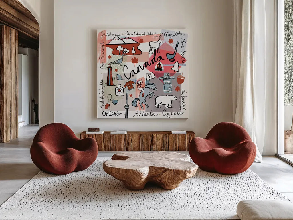Global Travel VII v2 by Farida Zaman. Shown as extra-large giant wall art in a modern living room. Available as an archival giclee rolled canvas, fine art paper, or poster print. SKU 51503a.