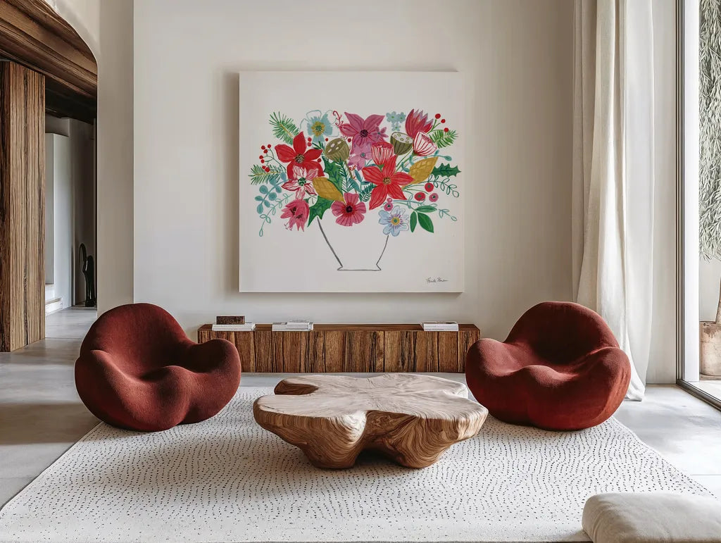 Holiday Bouquet II by Farida Zaman. Shown as extra-large giant wall art in a modern living room. Available as an archival giclee rolled canvas, fine art paper, or poster print. SKU 65615a.