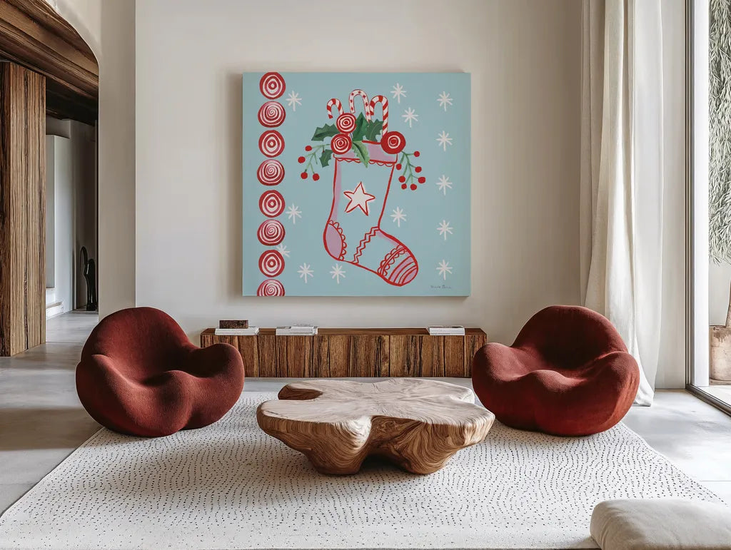 Holiday Treats I by Farida Zaman. Shown as extra-large giant wall art in a modern living room. Available as an archival giclee rolled canvas, fine art paper, or poster print. SKU 33051a.