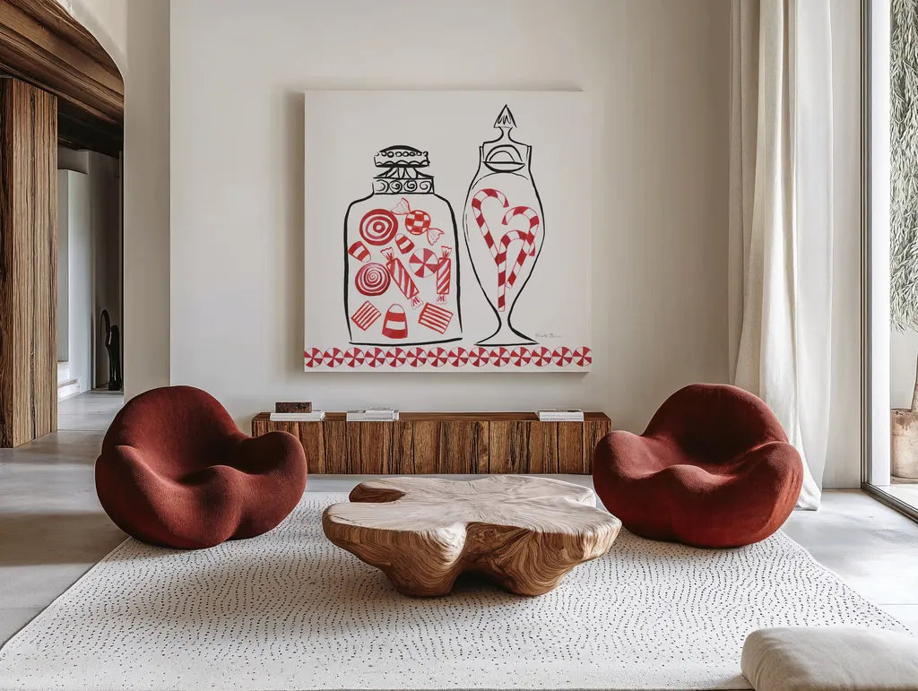 Holiday Treats II BW by Farida Zaman. Shown as extra-large giant wall art in a modern living room. Available as an archival giclee rolled canvas, fine art paper, or poster print. SKU 58362a.