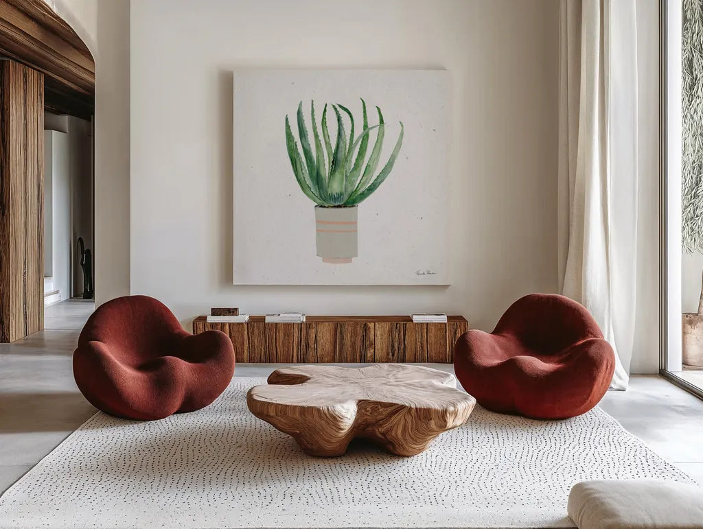 Home Garden I by Farida Zaman. Shown as extra-large giant wall art in a modern living room. Available as an archival giclee rolled canvas, fine art paper, or poster print. SKU 63537a.