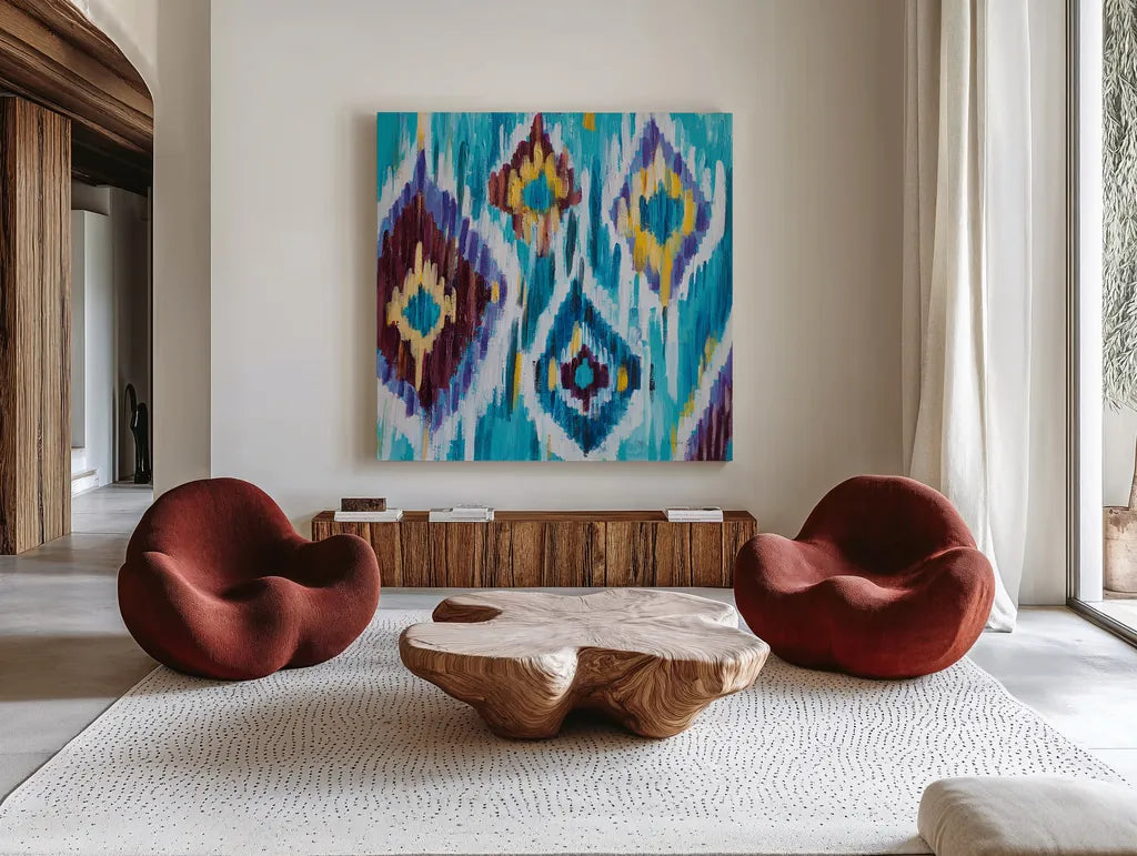 Ikat Jewel III by Farida Zaman. Shown as extra-large giant wall art in a modern living room. Available as an archival giclee rolled canvas, fine art paper, or poster print. SKU 45445a.