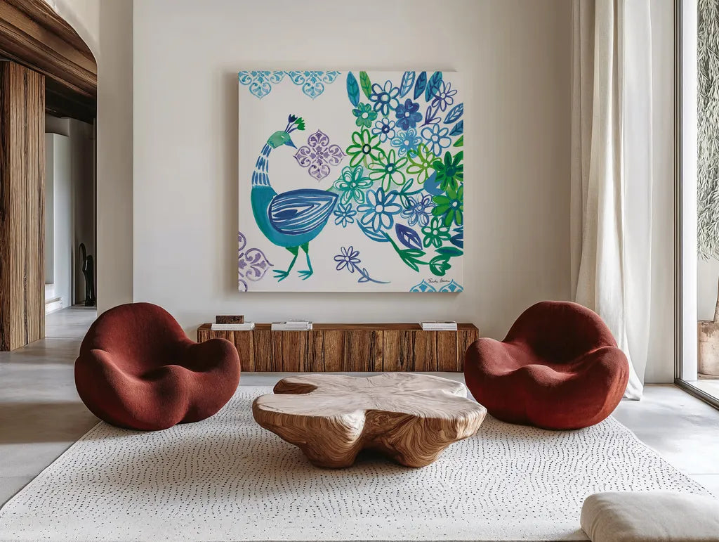 Jewel Peacocks I by Farida Zaman. Shown as extra-large giant wall art in a modern living room. Available as an archival giclee rolled canvas, fine art paper, or poster print. SKU 41802a.