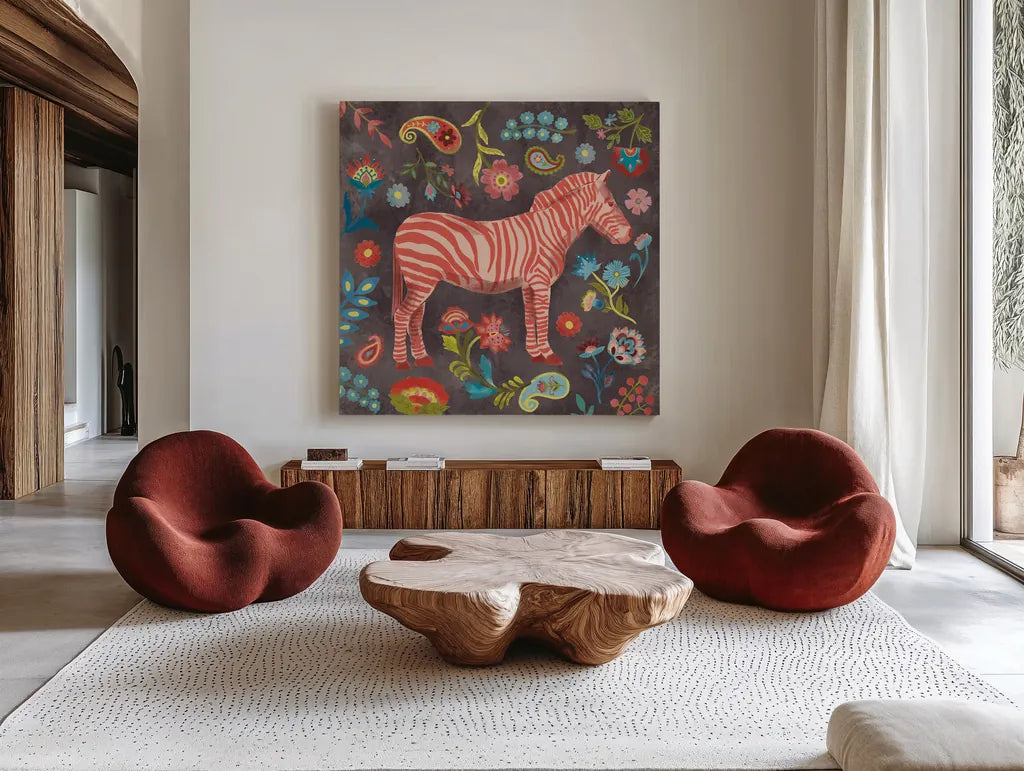 Jewels of the Jungle III by Farida Zaman. Shown as extra-large giant wall art in a modern living room. Available as an archival giclee rolled canvas, fine art paper, or poster print. SKU 89159a.