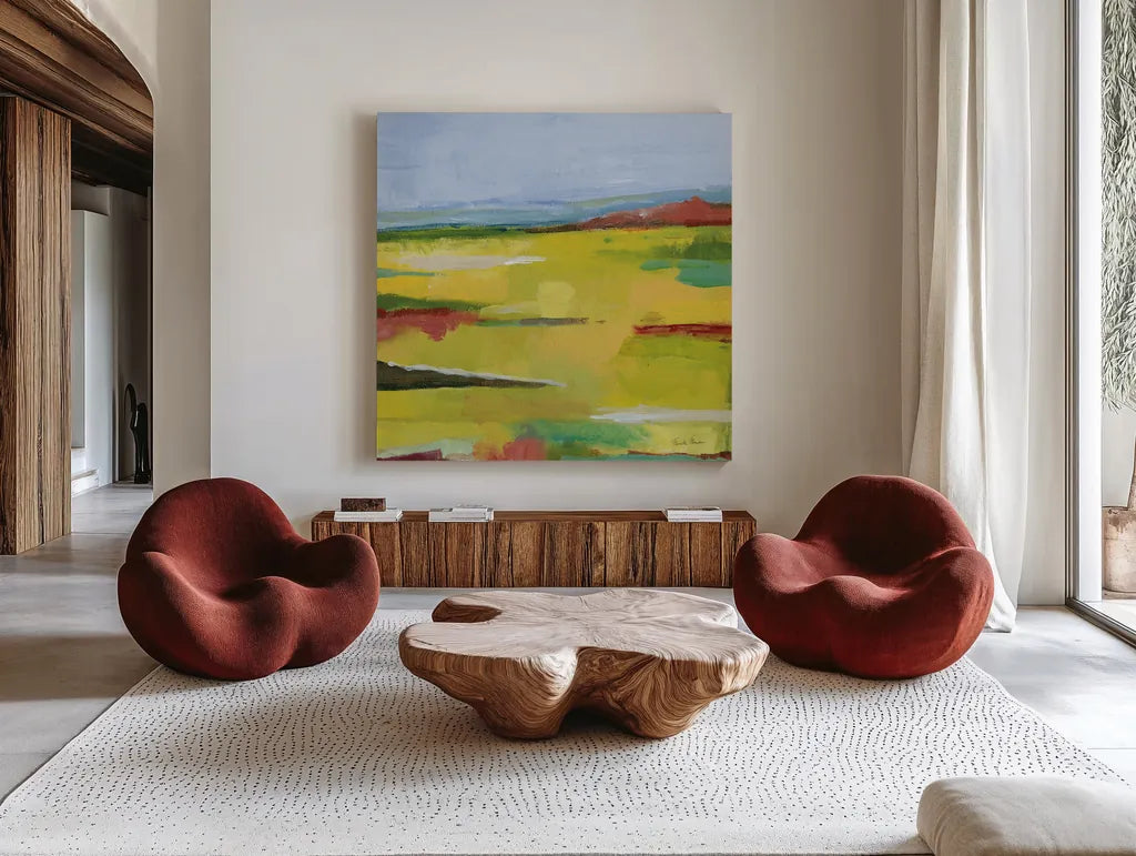 Landscape Abstract by Farida Zaman. Shown as extra-large giant wall art in a modern living room. Available as an archival giclee rolled canvas, fine art paper, or poster print. SKU 60387a.