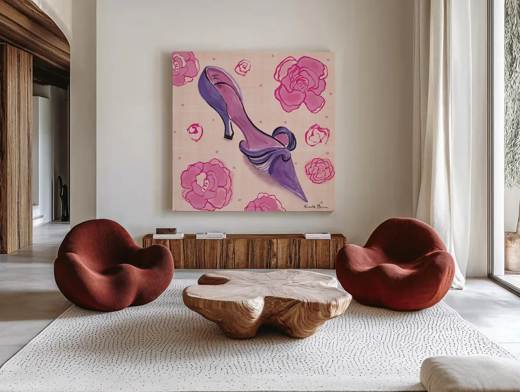 Love Shoes IV by Farida Zaman. Shown as extra-large giant wall art in a modern living room. Available as an archival giclee rolled canvas, fine art paper, or poster print. SKU 33250a.