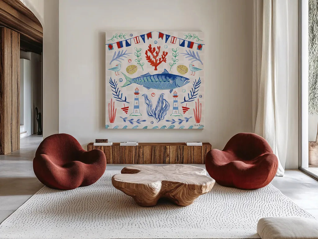 Maritime Delight IV by Farida Zaman. Shown as extra-large giant wall art in a modern living room. Available as an archival giclee rolled canvas, fine art paper, or poster print. SKU 58686a.