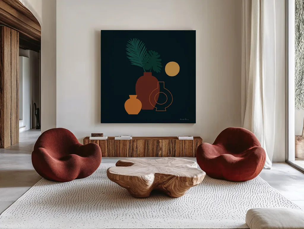 Mod Vessels II Regal by Farida Zaman. Shown as extra-large giant wall art in a modern living room. Available as an archival giclee rolled canvas, fine art paper, or poster print. SKU 81117a.