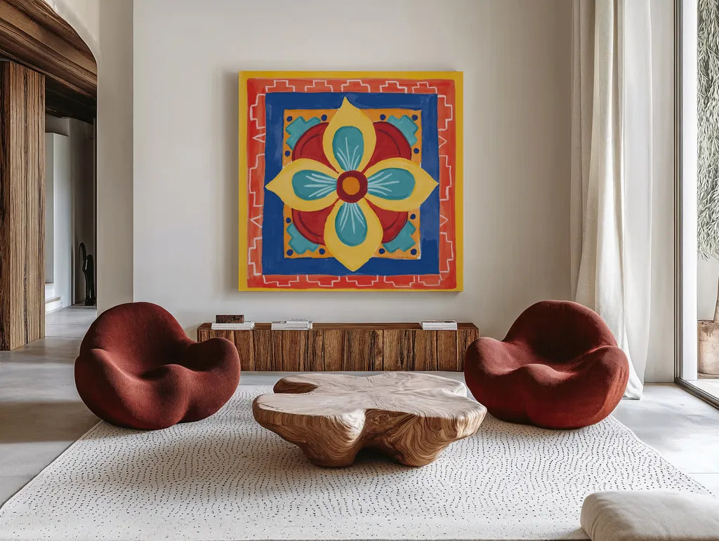 Mucho Caliente VI Bright by Farida Zaman. Shown as extra-large giant wall art in a modern living room. Available as an archival giclee rolled canvas, fine art paper, or poster print. SKU 79339a.