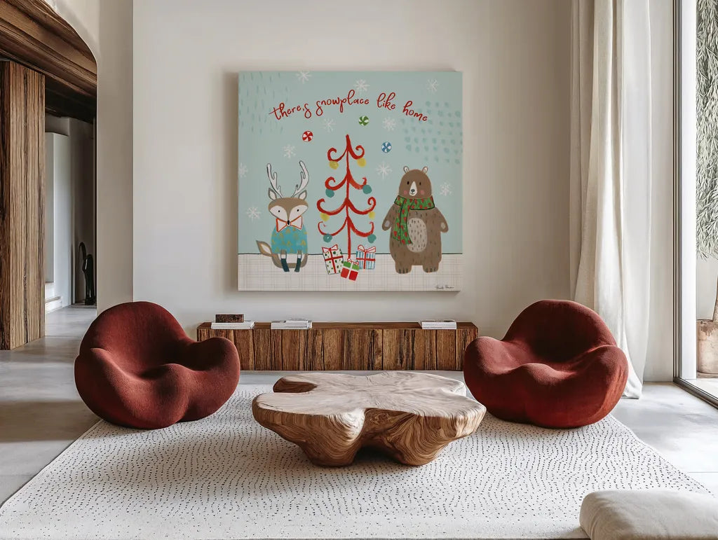 Neighborhood Holiday III by Farida Zaman. Shown as extra-large giant wall art in a modern living room. Available as an archival giclee rolled canvas, fine art paper, or poster print. SKU 60862a.