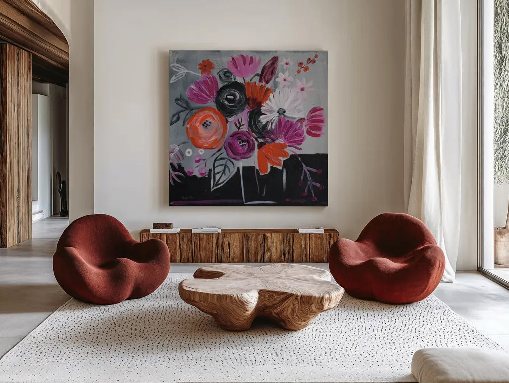 Nighttime Bloom by Farida Zaman. Shown as extra-large giant wall art in a modern living room. Available as an archival giclee rolled canvas, fine art paper, or poster print. SKU 38704a.