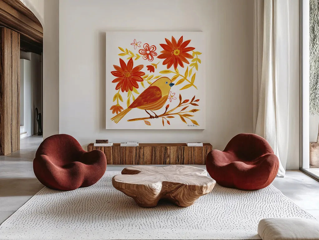 Orange Bird I by Farida Zaman. Shown as extra-large giant wall art in a modern living room. Available as an archival giclee rolled canvas, fine art paper, or poster print. SKU 39276a.