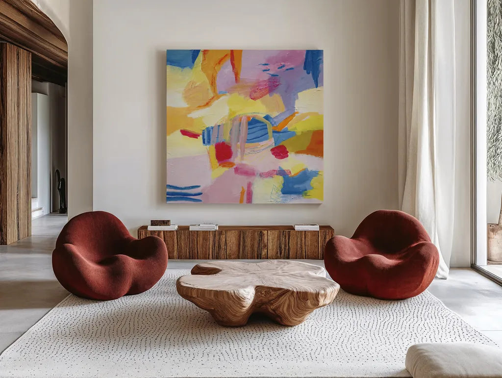 Pastel Shades Abstract by Farida Zaman. Shown as extra-large giant wall art in a modern living room. Available as an archival giclee rolled canvas, fine art paper, or poster print. SKU 68057a.