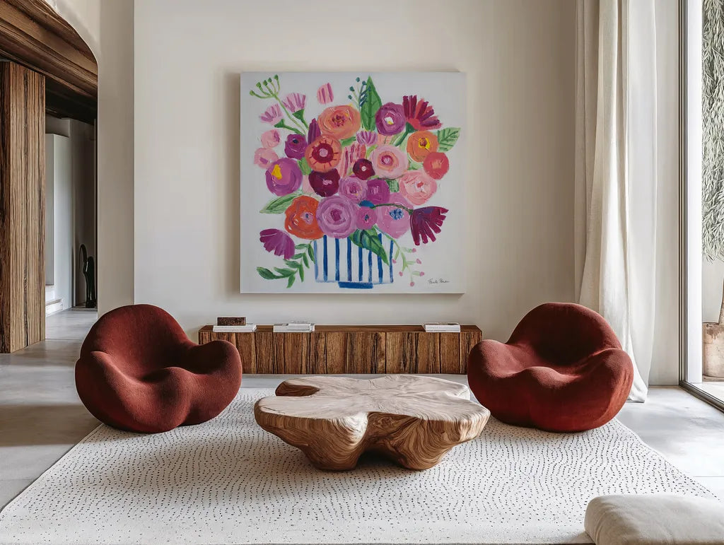 Pink Blossoms II by Farida Zaman. Shown as extra-large giant wall art in a modern living room. Available as an archival giclee rolled canvas, fine art paper, or poster print. SKU 60943a.