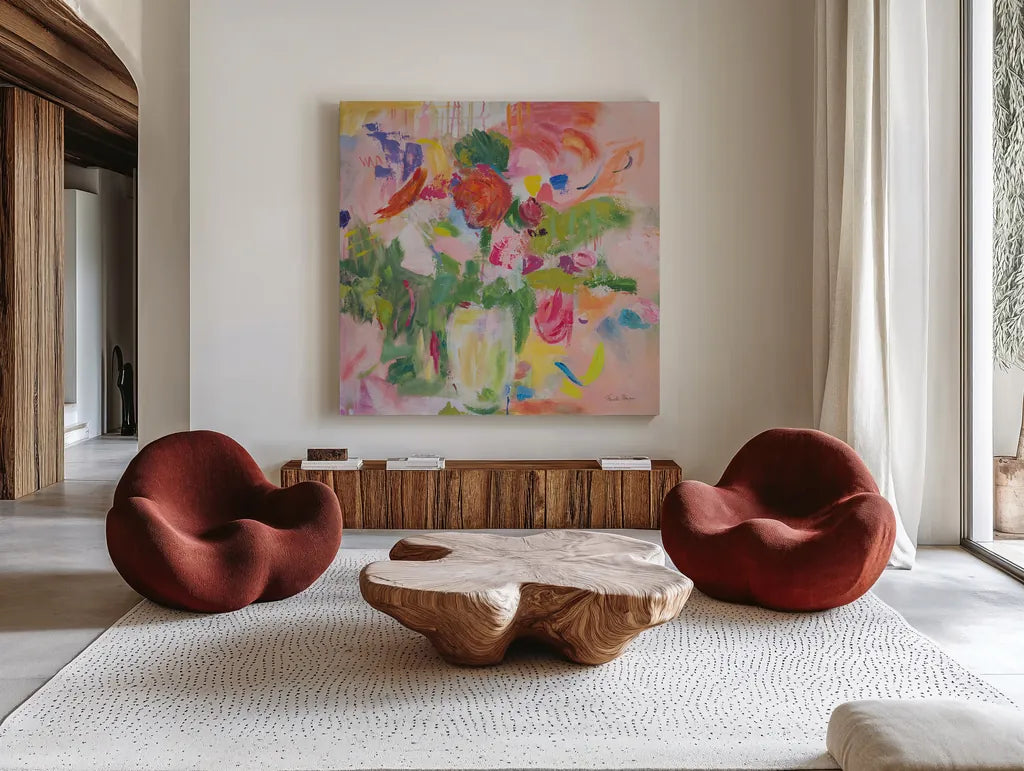Pink Impressionism by Farida Zaman. Shown as extra-large giant wall art in a modern living room. Available as an archival giclee rolled canvas, fine art paper, or poster print. SKU 38720a.