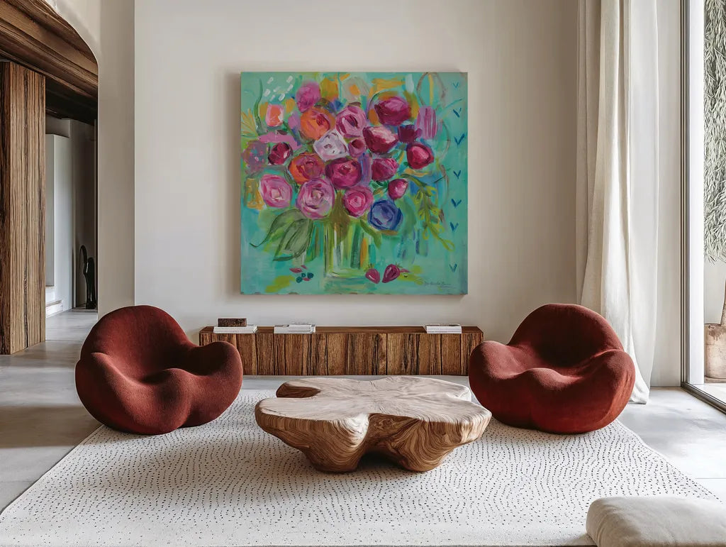 Pink Peonies by Farida Zaman. Shown as extra-large giant wall art in a modern living room. Available as an archival giclee rolled canvas, fine art paper, or poster print. SKU 32159a.